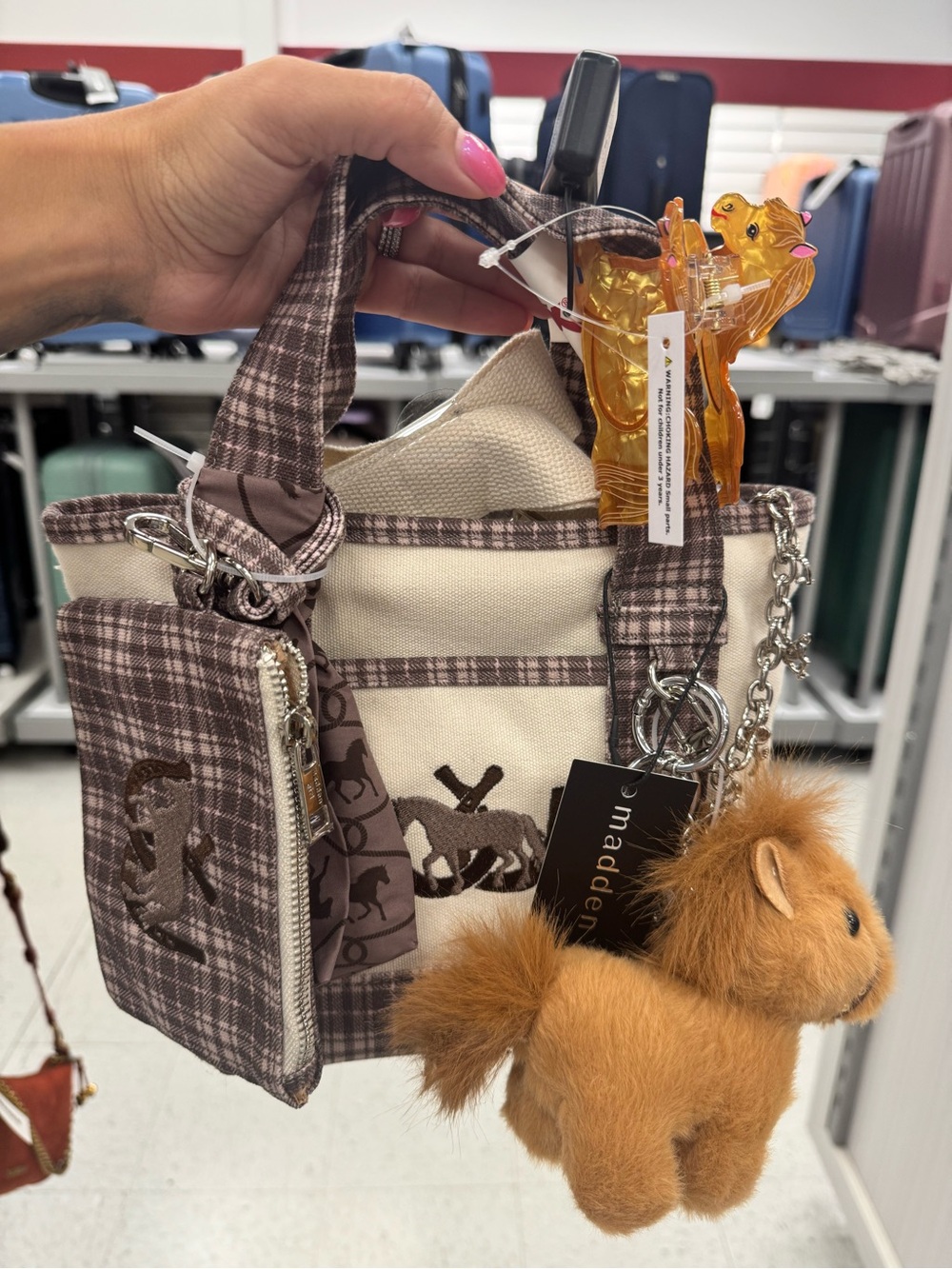 madden GIRL horse and horseshoe Plaid Beige & Brown Tote with Plush Charm